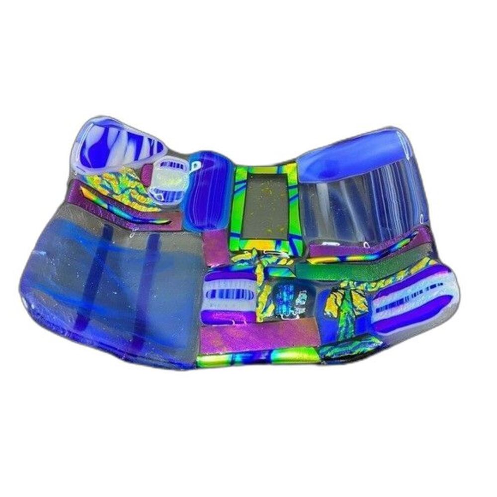 Vintage Fused Glass Curved Iridescent Blue Platter 7-¾” x 5-½”